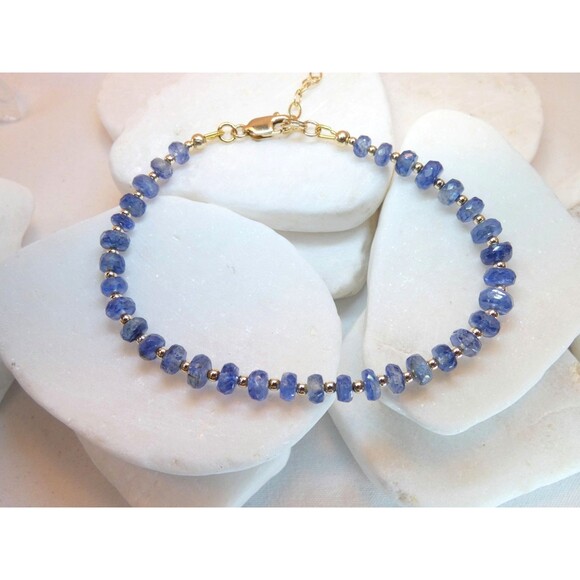 Natural Blue Kyanite Gold Fill Beaded Bracelet New 7"+ - Picture 2 of 4